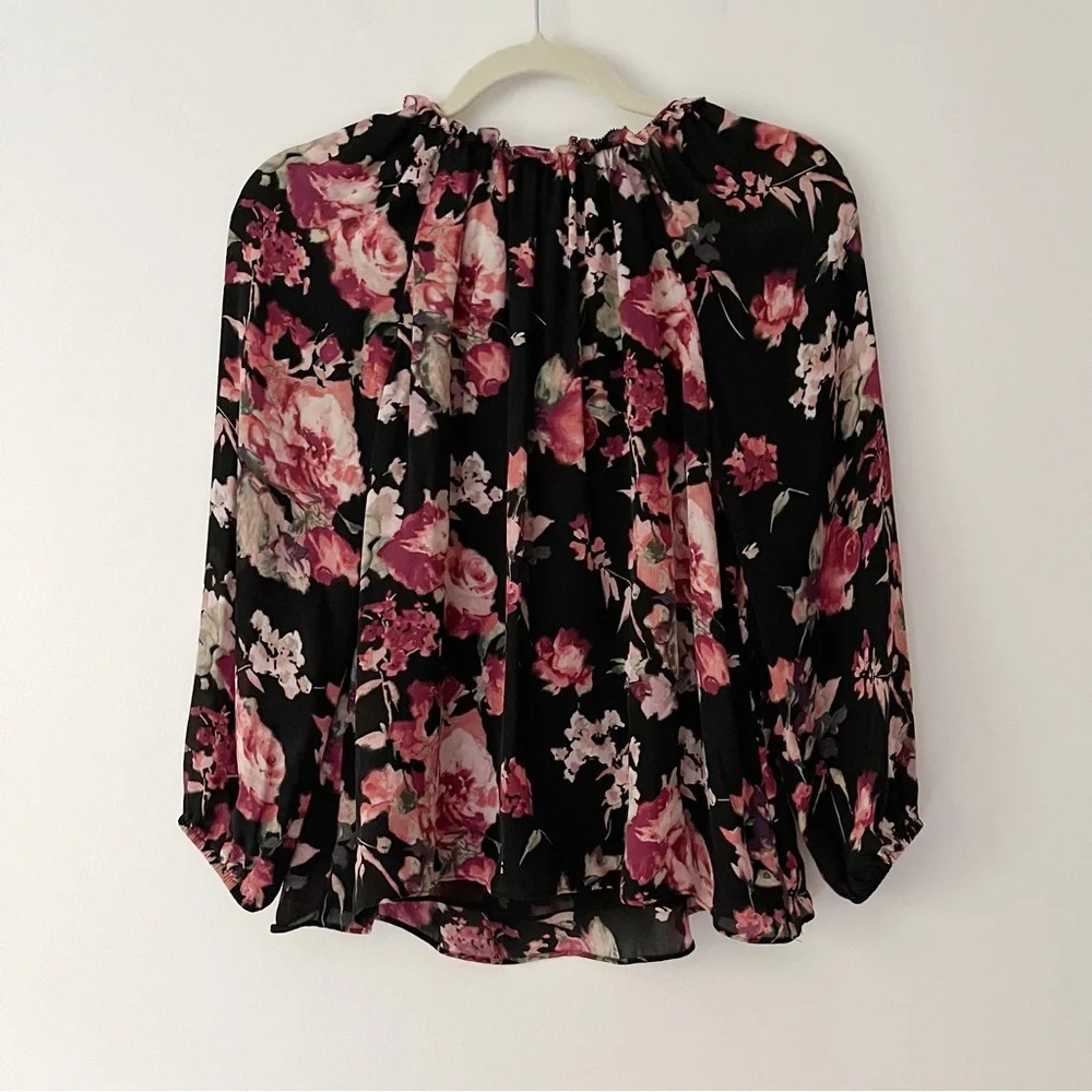Joie 100% Silk Floral Print Blouse in Black Pink and Cream Size XXS  Boho - Picture 4 of 6